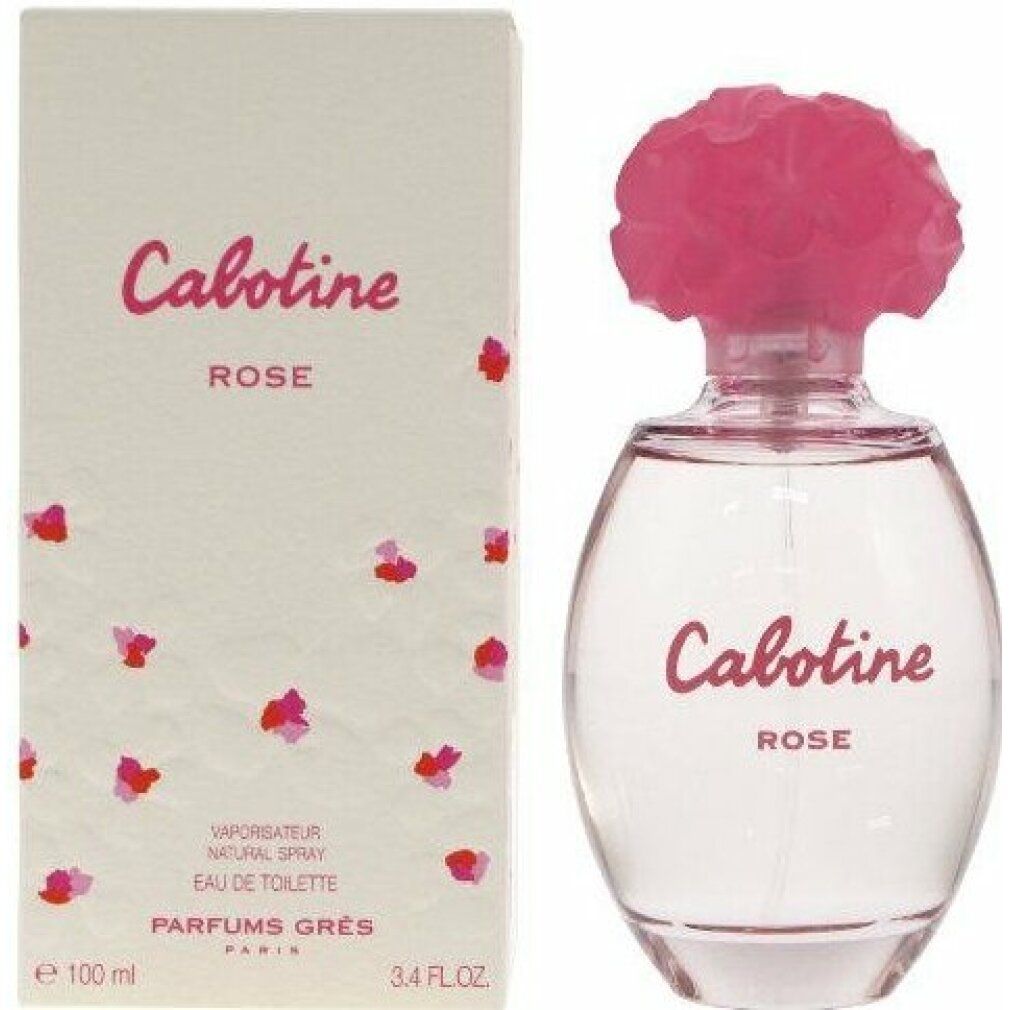Flacone e confezione. Scritta Cabotine Rose. Confezione con motivi floreali.