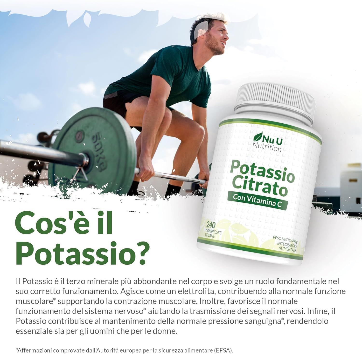 Flacone bianco di compresse di citrato di potassio e vitamina C Nu U Nutrition. 240 compresse. Prodotto su sfondo bianco.