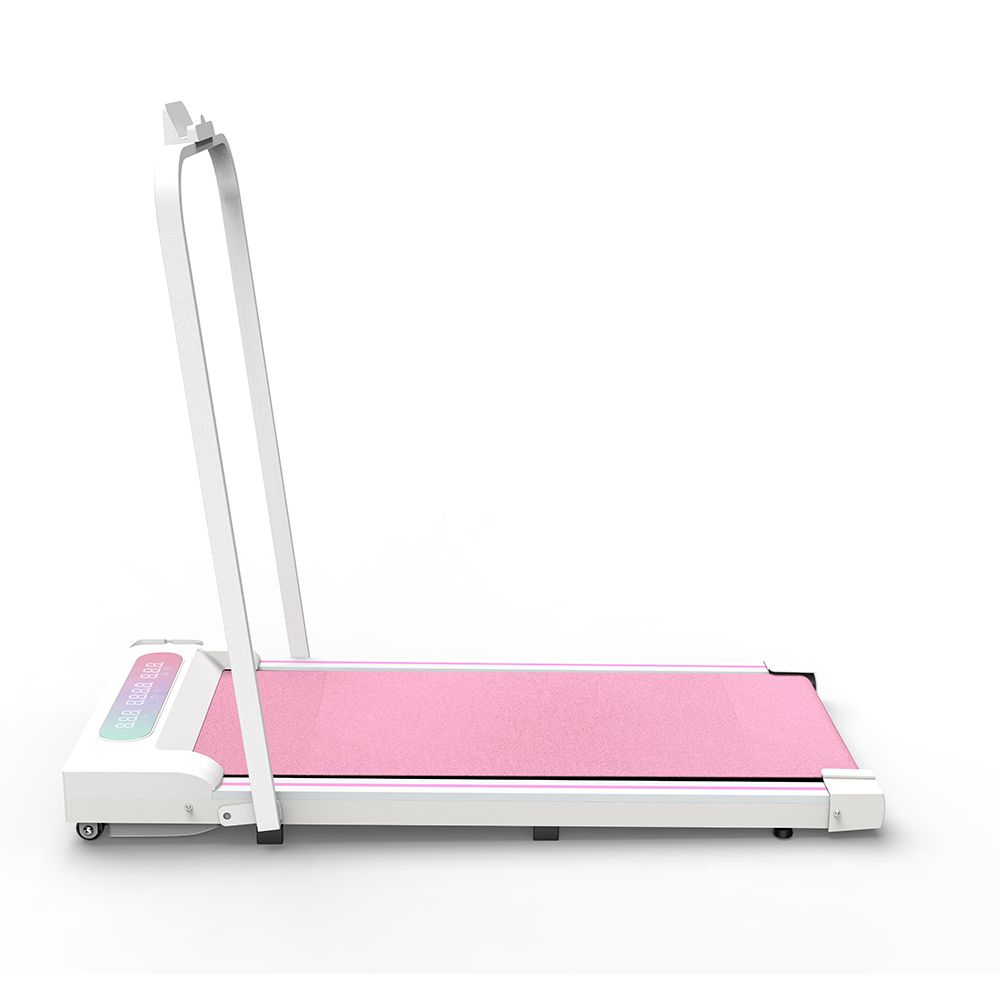 Tapis roulant pieghevole con superficie rosa, telaio bianco, display LED e maniglia. Vista laterale.