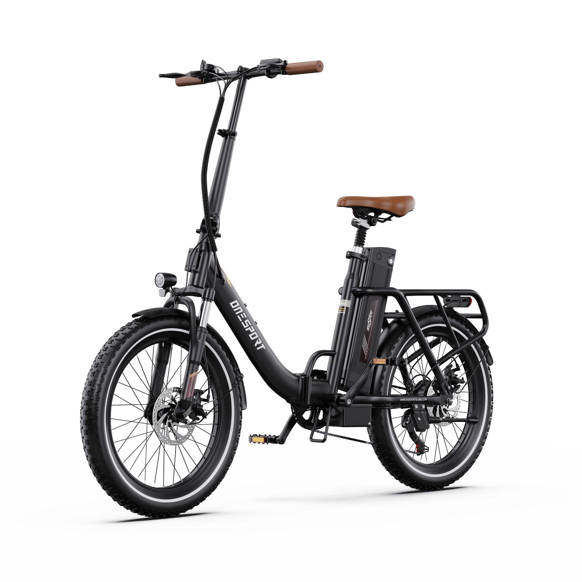 Bicicletta elettrica nera con sella e manubrio marroni. Marchio ONESPORT visibile. Vista frontale.