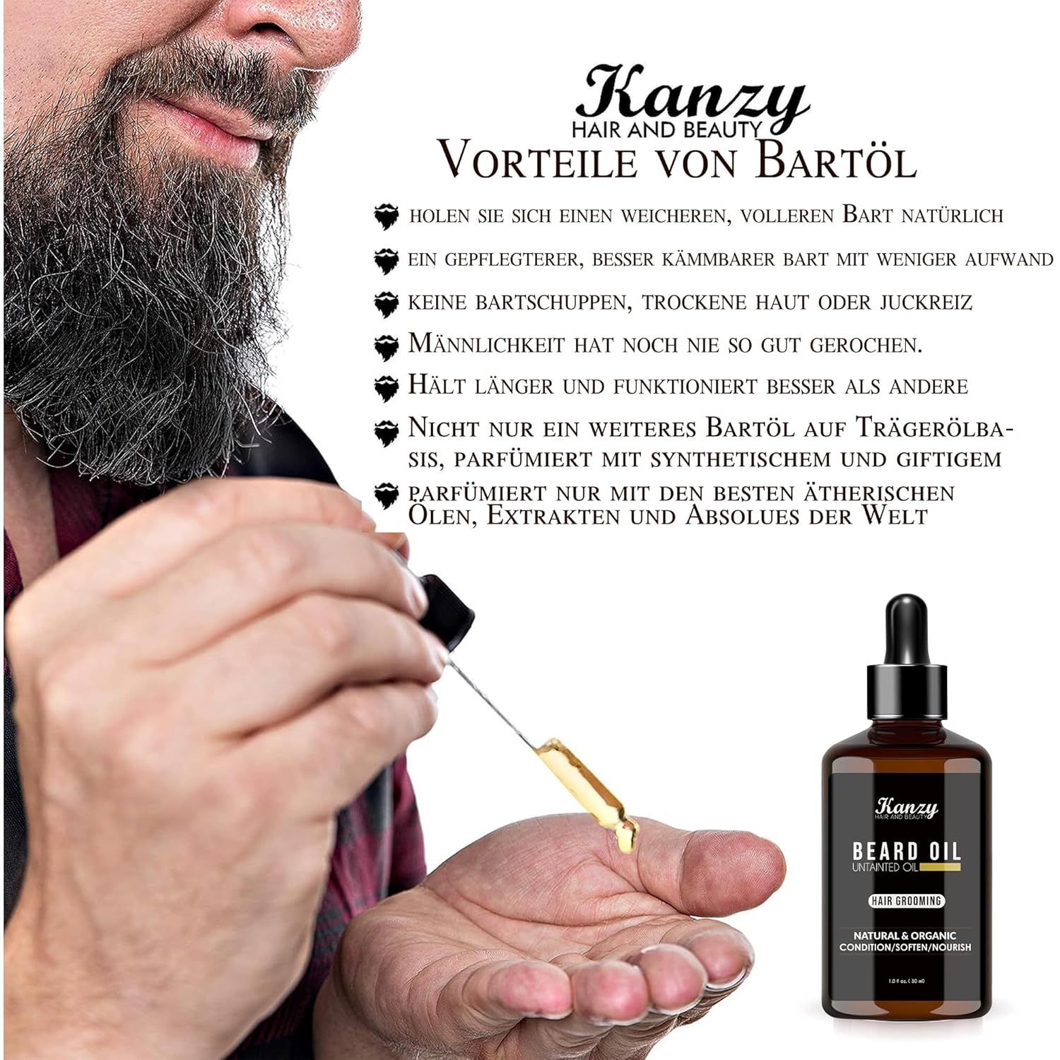 Flacone di vetro marrone con pipetta. Testo: Kanzy Beard Oil. Vantaggi dell'olio per barba. Uomo con barba.