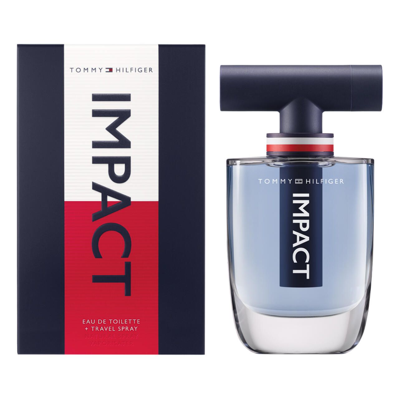 Flacone e confezione. Flacone con contenuto blu e tappo nero. Scritta IMPACT e Tommy Hilfiger.
