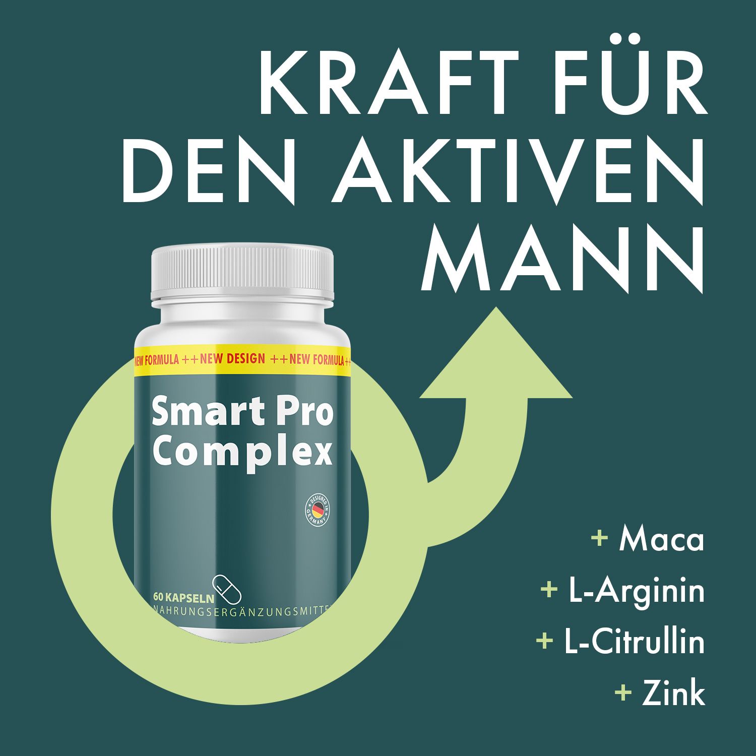 Flacone di Smart Pro Complex Kapseln, circondato da grafica verde. Testo: Forza per l'uomo attivo. Ingredienti: Maca, L-Arginina, L-Citrullina, Zinco.