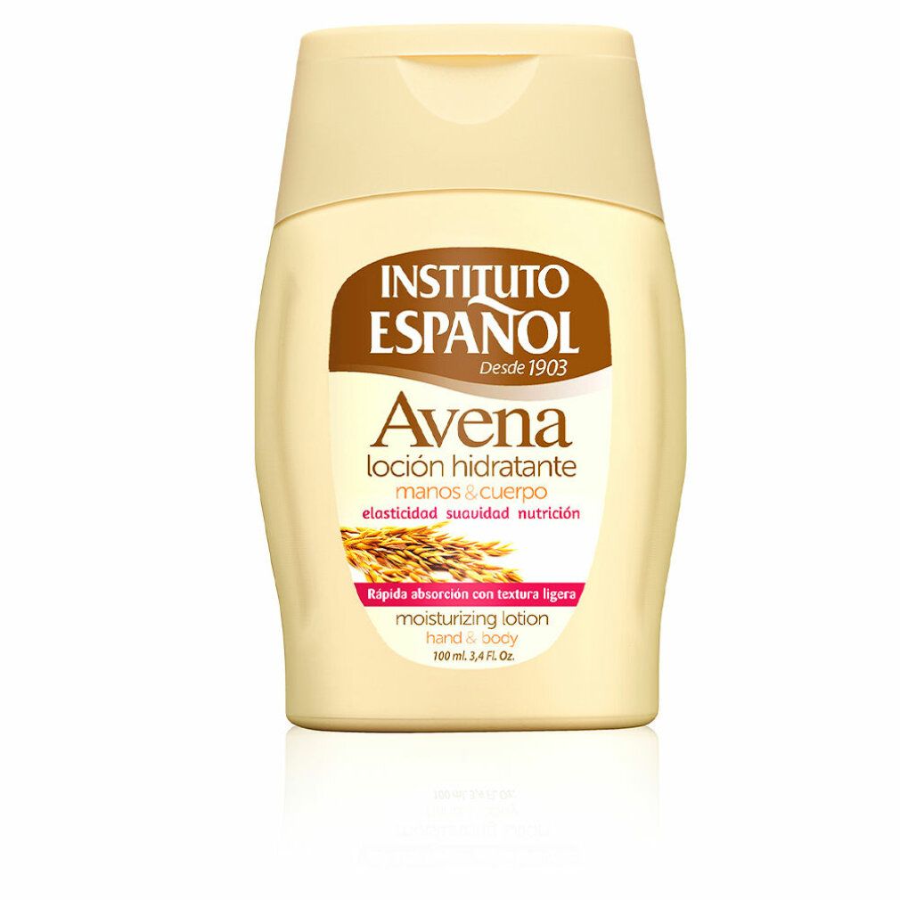 Flacone beige Instituto Español Avena. Scritta: Avena, loción hidratante, manos & cuerpo. 100 ml.