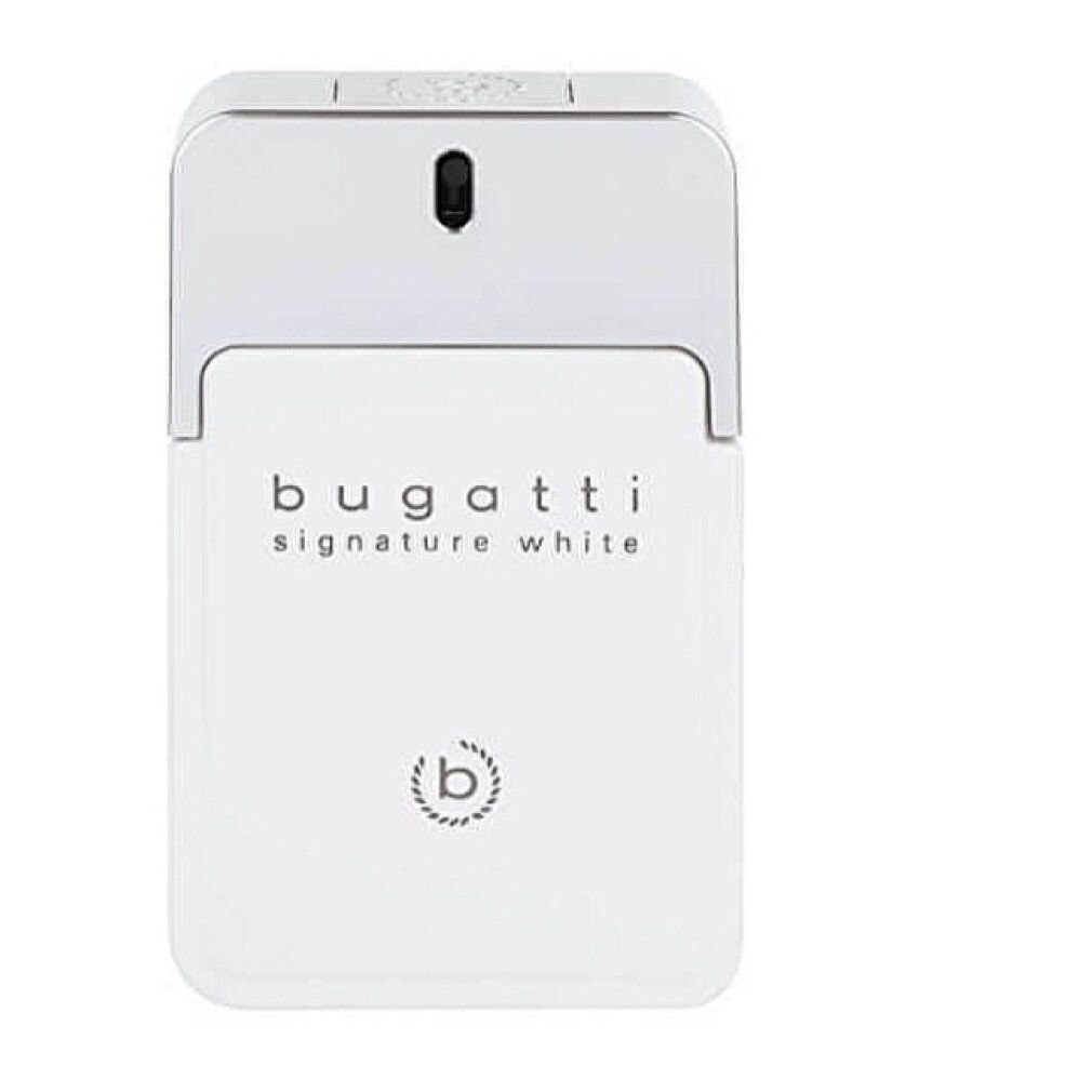 Eau de toilette bianco con tappo argentato. Scritta: Bugatti Signature White. Logo 'b'.