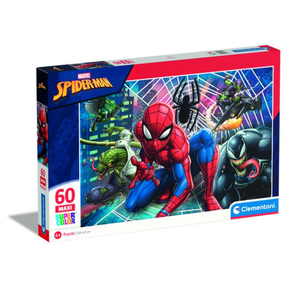 Puzzle Clementoni Spiderman Maxi 60 pezzi. Confezione con Spiderman e nemici. 62x42 cm. Puzzle Supercolor.