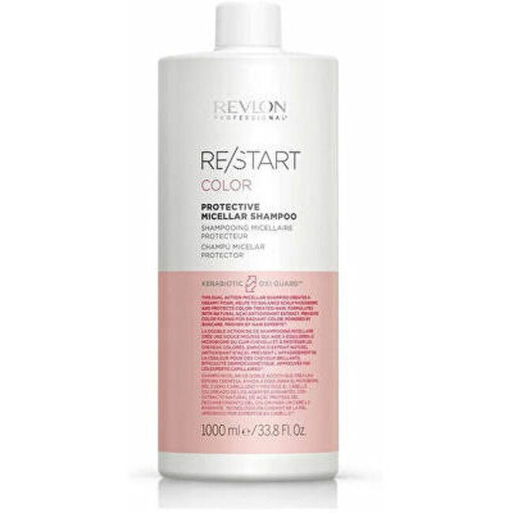 Flacone bianco con etichetta rosa. Scritta: Revlon, Re/Start Color, Protective Micellar Shampoo. 1000 ml.
