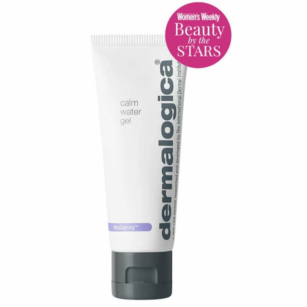 Tubo bianco con tappo grigio. Scritta: calm water gel, dermalogica. Distintivo: Women's Weekly Beauty by the STARS.