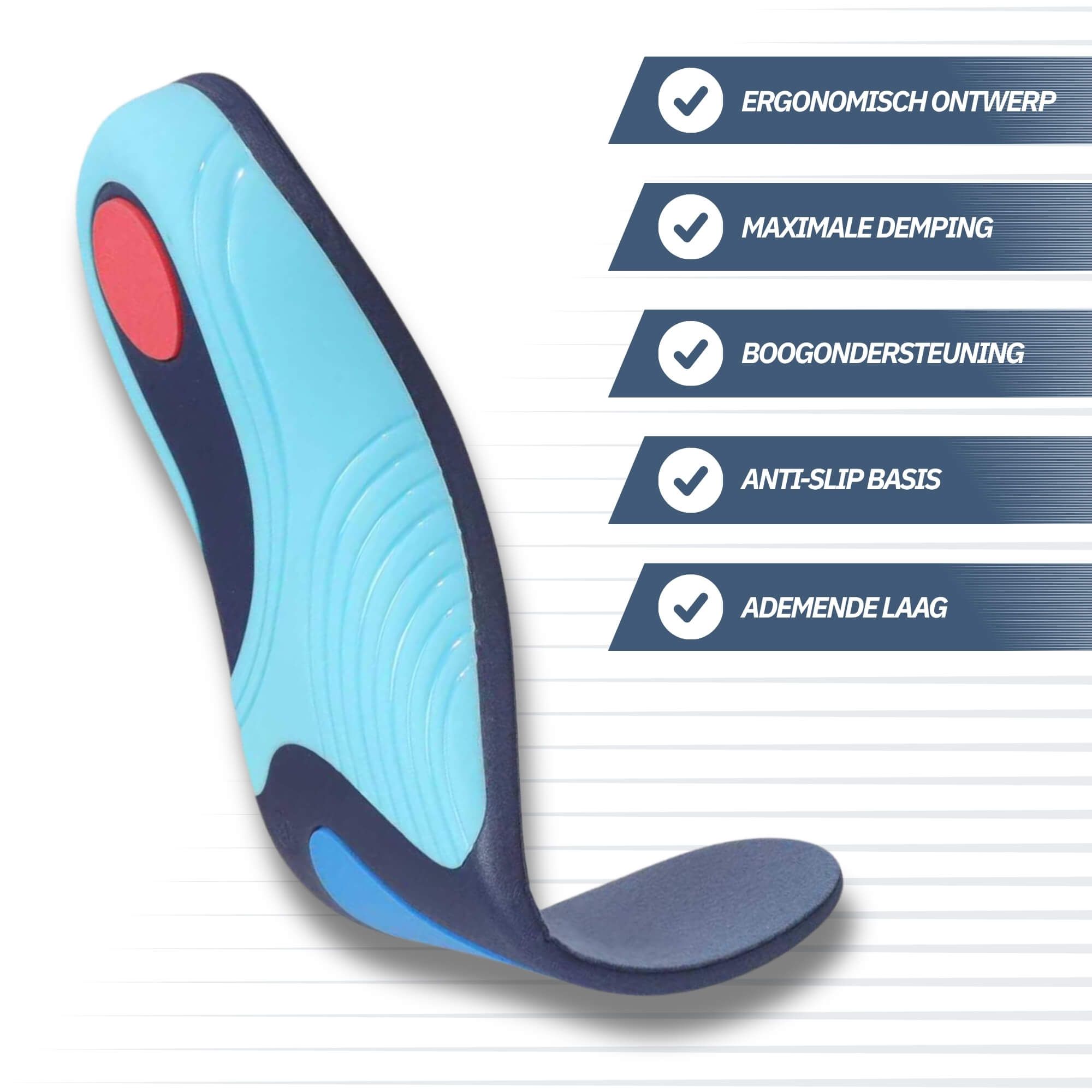 Soletta ergonomica con ammortizzazione massima, supporto dell'arco, base antiscivolo e strato traspirante.