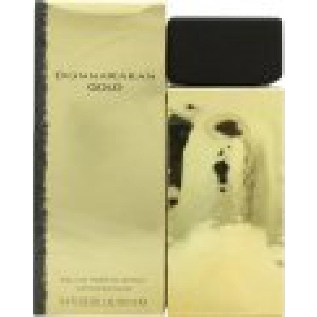 Flacone e confezione dorati di Donna Karan Gold Eau De Parfum Spray. Tappo nero. Testo.