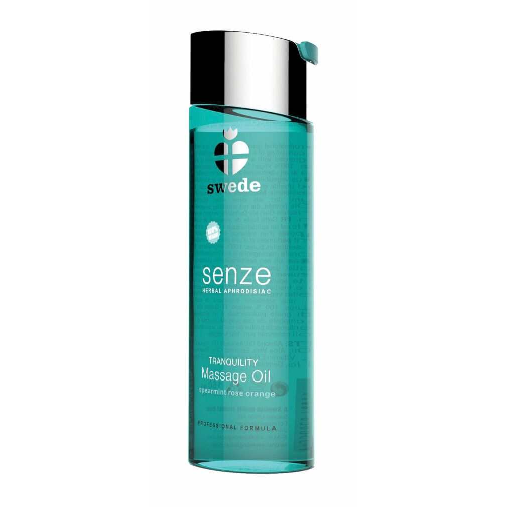 Flacone turchese con tappo argentato. Scritta: swede, senze, Massage Oil. Testo: Spearmint Rose Orange.