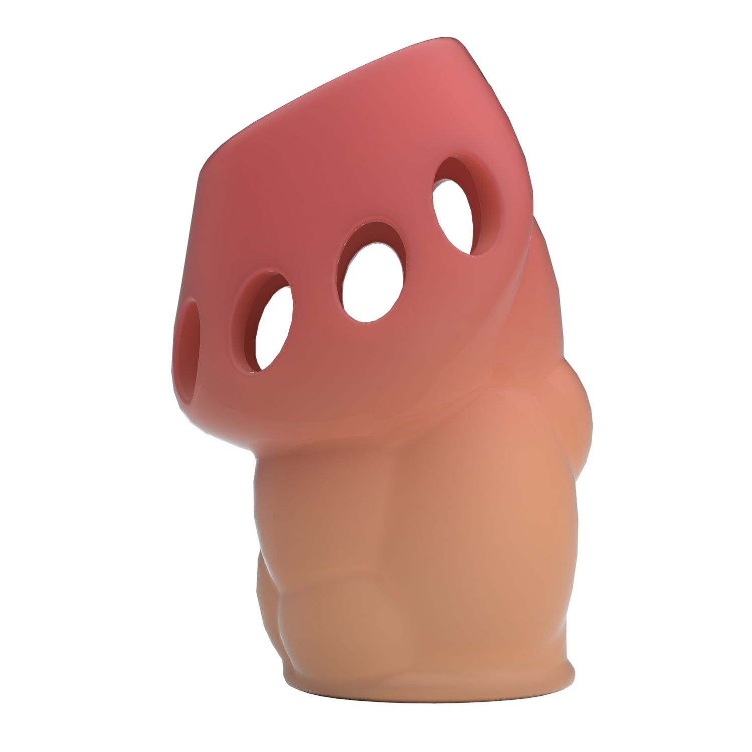 Prodotto cilindrico bicolore con fori. Metà superiore rosa, metà inferiore beige. Vista obliqua.