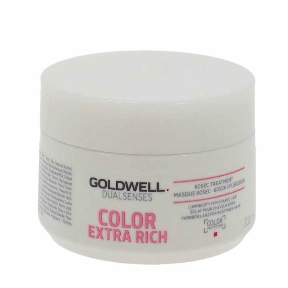 Goldwell Dualsenses Color Extra Rich 60Sek Pflegekur. Vaso bianco con testo rosa. Nome del prodotto e marchio visibili.