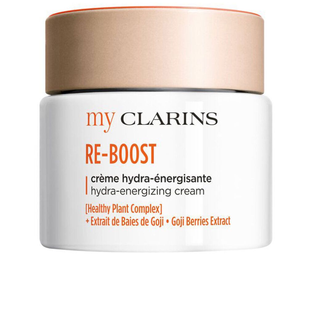 Vaso di crema con coperchio. Testo: my CLARINS RE-BOOST, crema idra-energizzante. Estratto di bacche di goji.