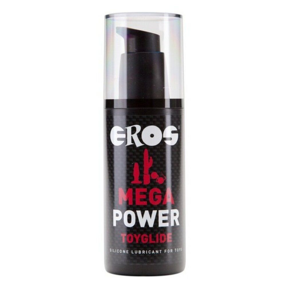 Flacone nero con pompa e tappo trasparente. Scritta: EROS MEGA POWER TOYGLIDE. Lubrificante siliconico per giocattoli.