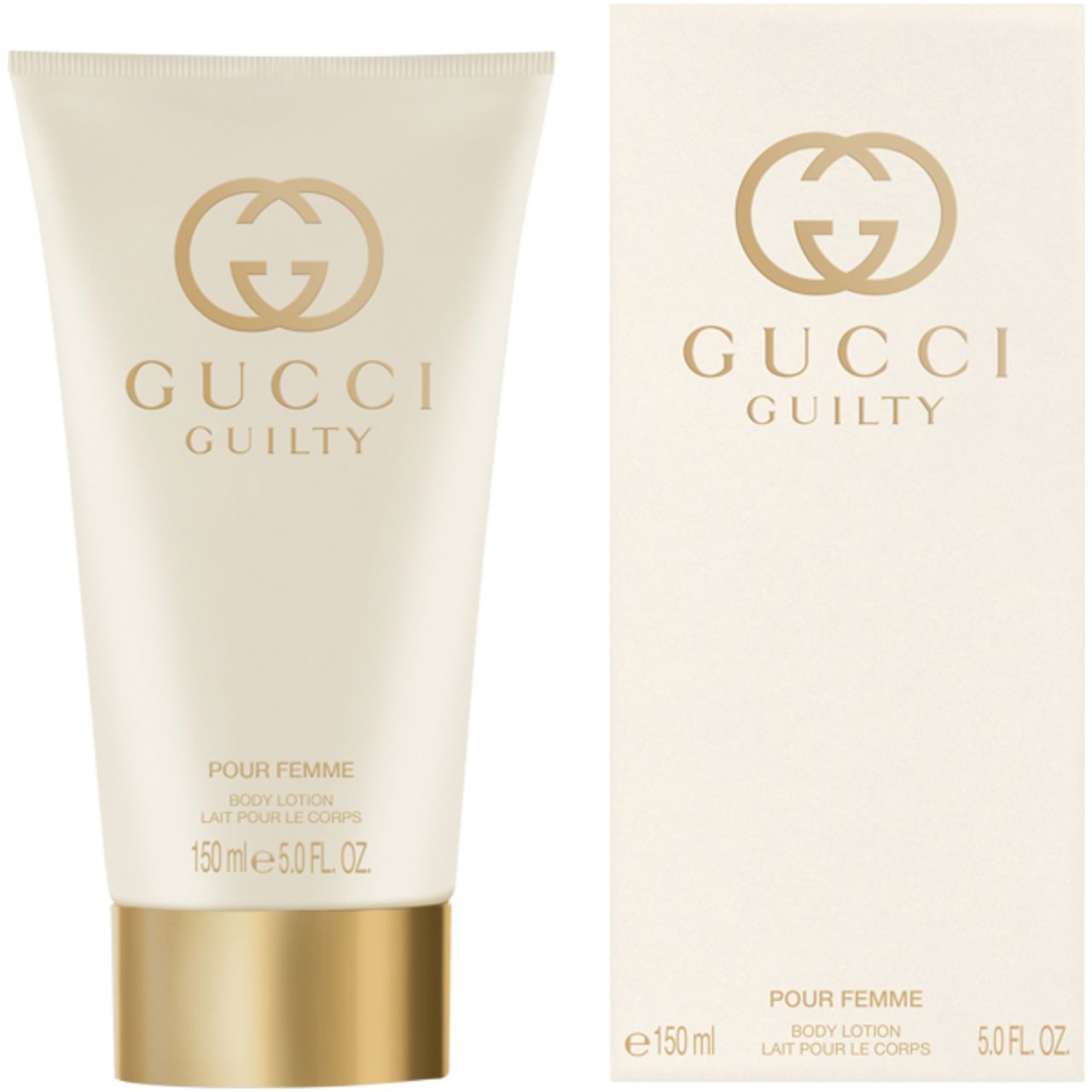 Tubo e confezione color crema. Logo e scritta Gucci Guilty dorati. Scritta: Pour Femme, Body Lotion.