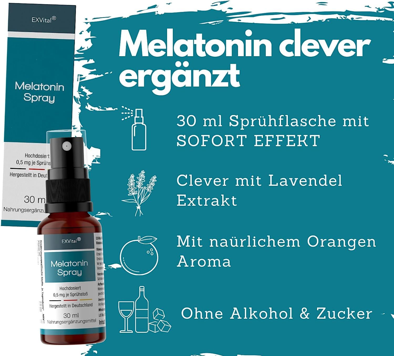 Prodotto con confezione. Testo: Flacone spray da 30 ml con effetto immediato, con estratto di lavanda, aroma naturale di arancia, senza alcol e zucchero.