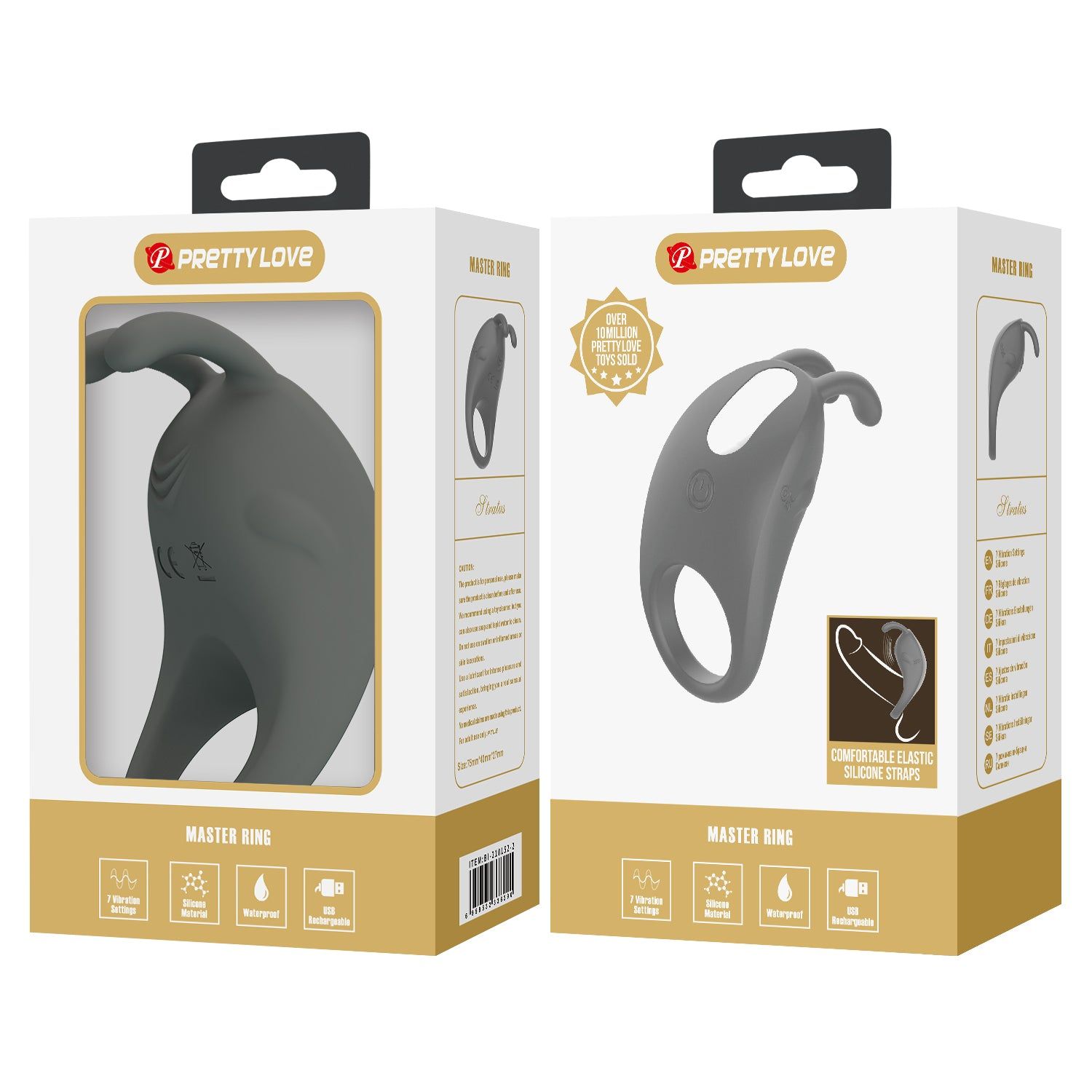 Due confezioni di prodotti. Sulla confezione è raffigurato un anello grigio. Testo: MASTER RING.