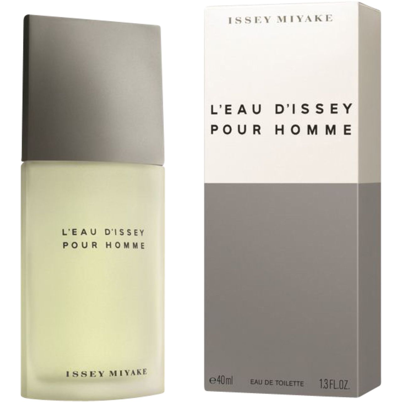 Flacone e confezione. Flacone: rettangolare, grigio-bianco. Confezione: bianco-grigio. Scritta: L'EAU D'ISSEY POUR HOMME e ISSEY MIYAKE.