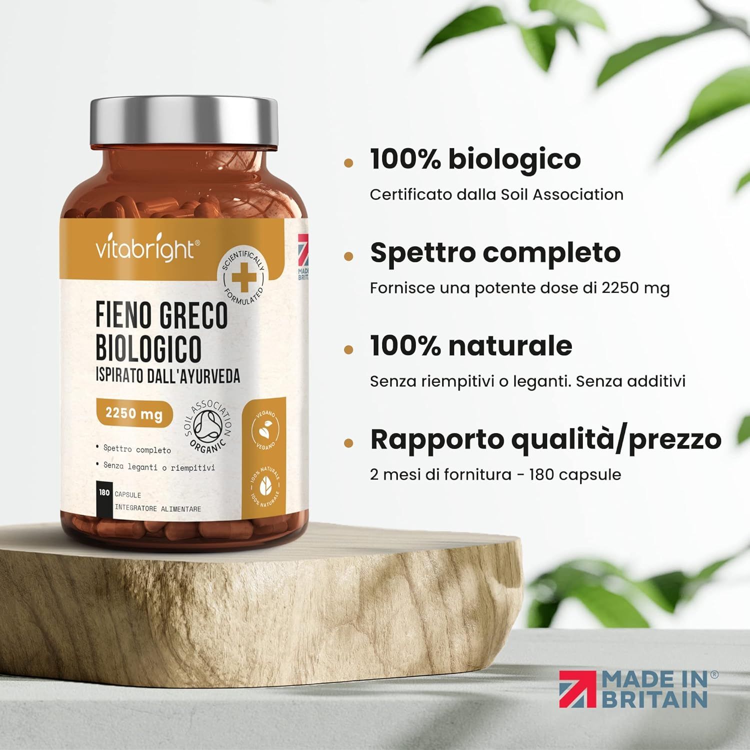Flacone marrone VitaBright Fieno Greco Biologico. Contiene 180 capsule. Certificato biologico. Scritta: 2250 mg. Prodotto in Gran Bretagna.