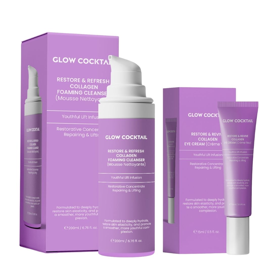 Due prodotti e confezioni. Gel detergente e crema occhi. Confezione viola con testo: Glow Cocktail, Restore & Refresh Collagen.