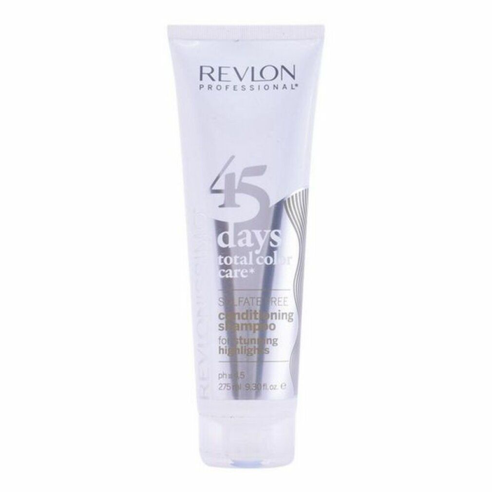 Tubo bianco-argento. Scritta: Revlon Professional, 45 Days, total color care, Shampooing conditionneur pour mèches éclatantes. pH 4.5.
