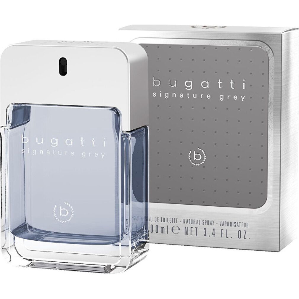 Bugatti Signature Grey Eau de Toilette. Flacone e confezione. Flacone rettangolare con tappo argentato. Confezione grigia con logo.