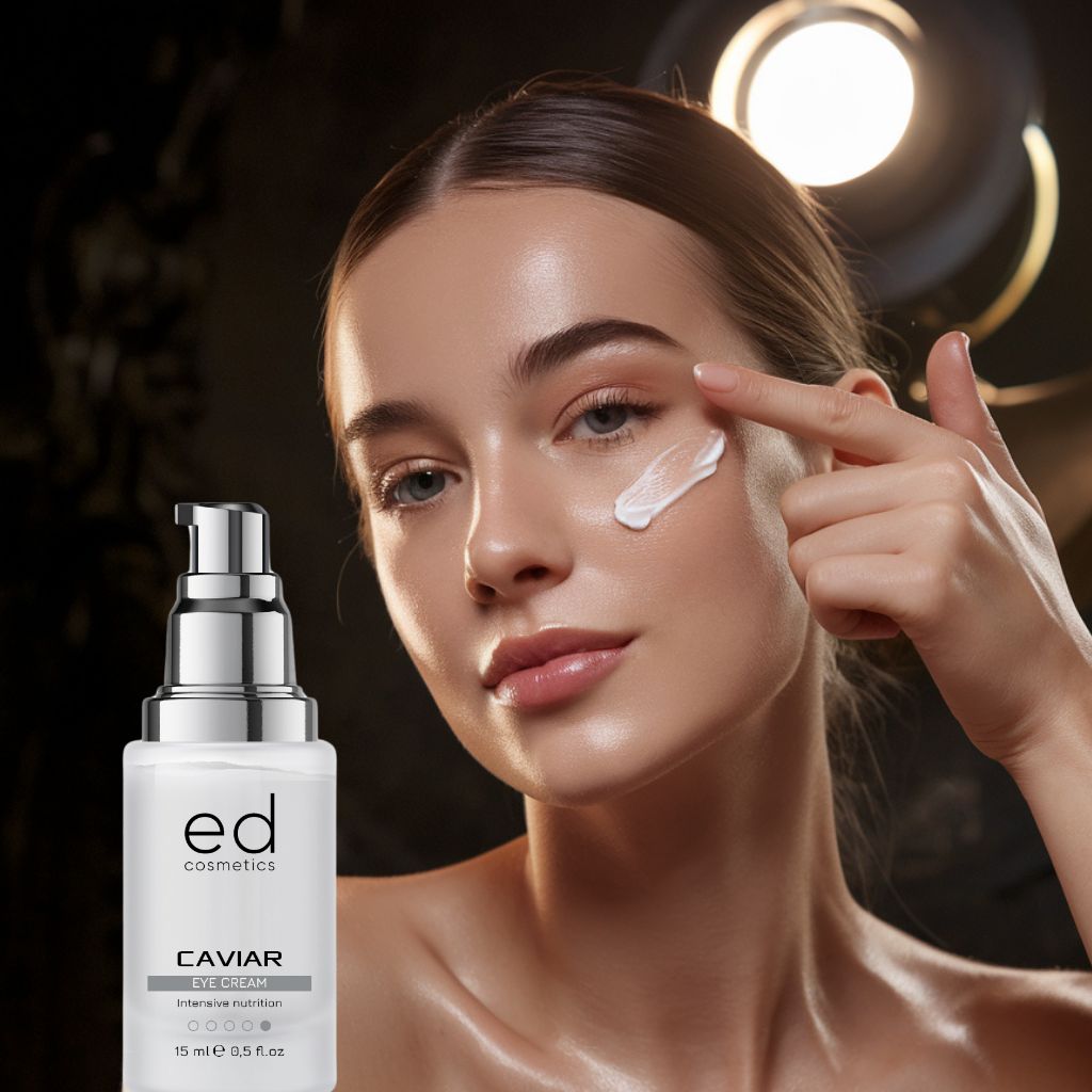 Donna applica crema occhi. Flacone con erogatore argentato. Testo: ED cosmetics, Caviar Eye Cream, 15 ml.