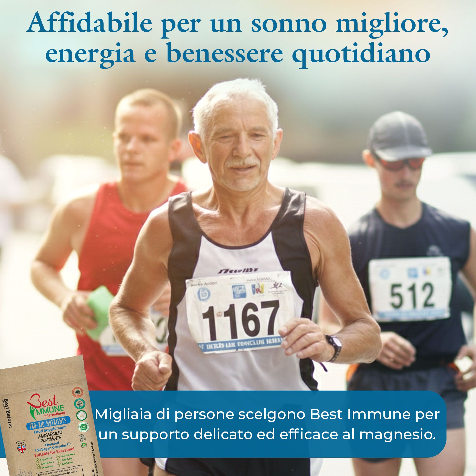 Corridori in gara. Slogan: 'Migliaia scelgono Best Immune per un delicato apporto di magnesio'.