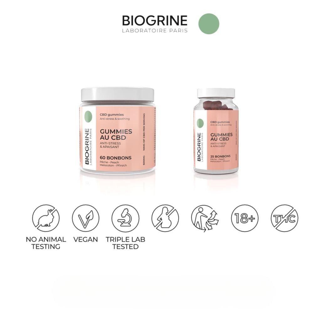 Due barattoli di BIOGRINE CBD Gummies. Scritta: Gummies au CBD, 60 e 25 caramelle. Loghi: Vegan, 18+, senza THC.