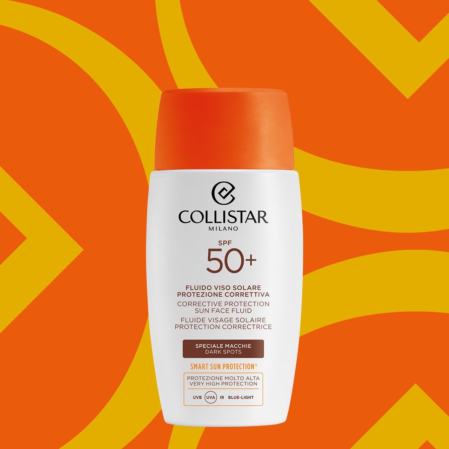 Flacone bianco-arancione. Scritta: Collistar Milano, SPF 50+, Fluido Viso Solare, protezione macchie scure.