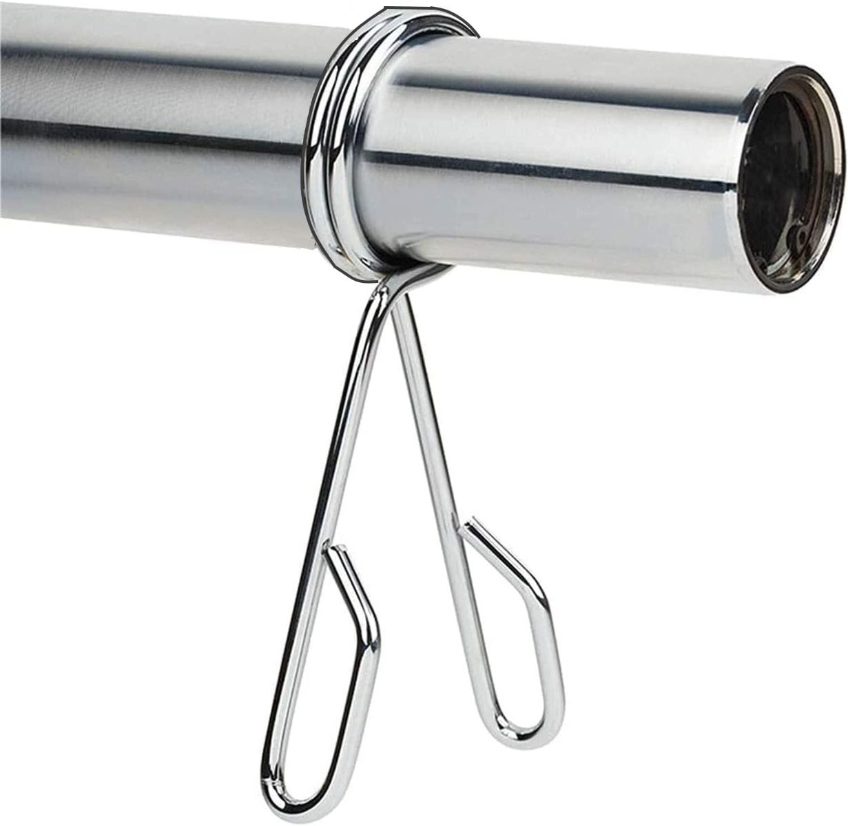 Clip a molla in metallo fissata a un'asta metallica. La clip avvolge l'asta.