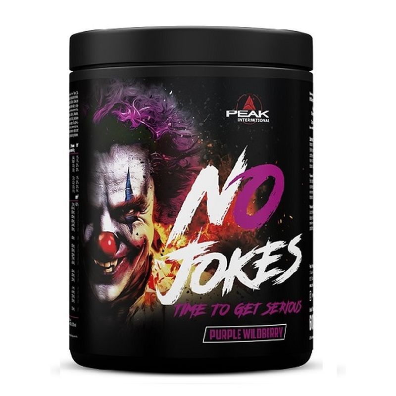 Contenitore nero con "NO JOKES" e un volto di clown. "Purple Wildberry" è stampato.