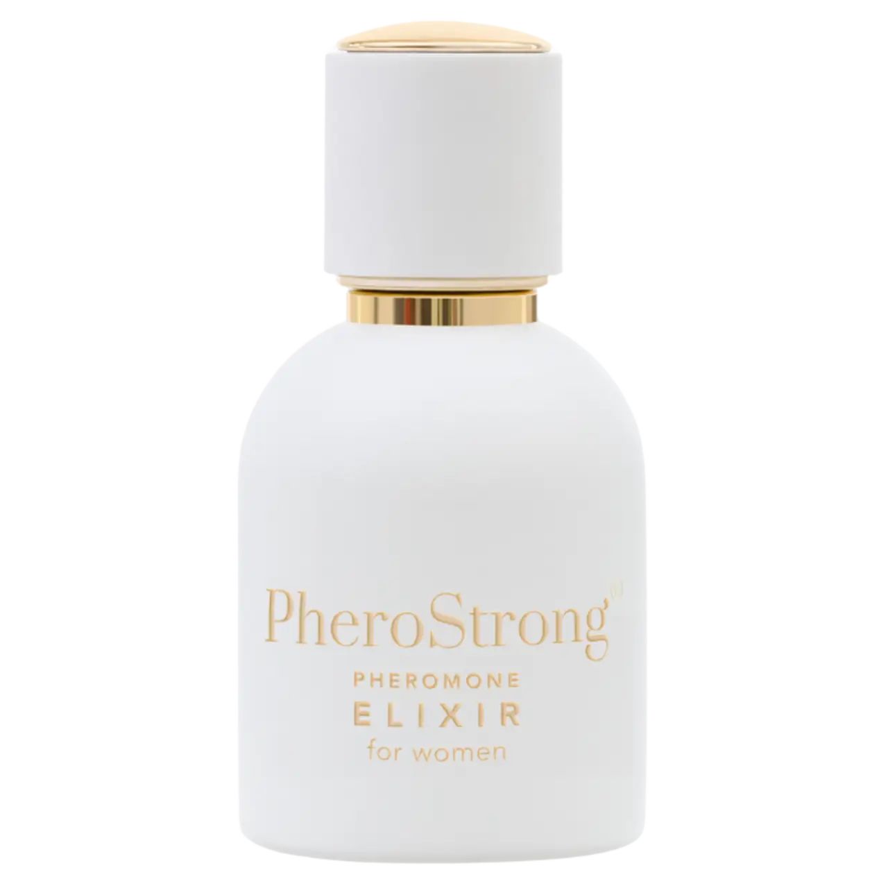Flacone bianco con tappo dorato e scritta PheroStrong. Nome del prodotto e altre informazioni visibili.