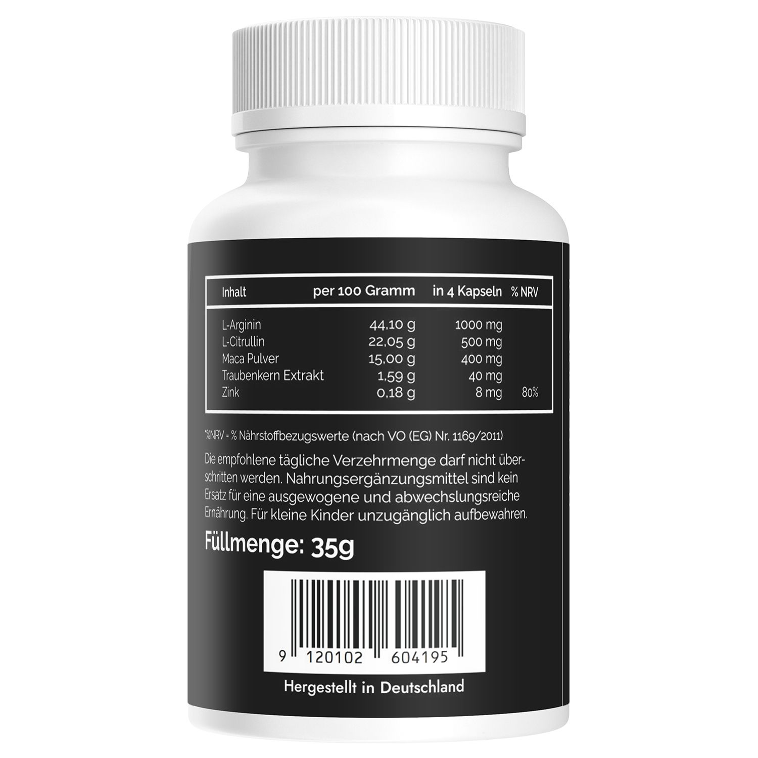 Retro del flacone Viaxa 750 Testo Booster con valori nutrizionali per 100g e per 4 capsule.