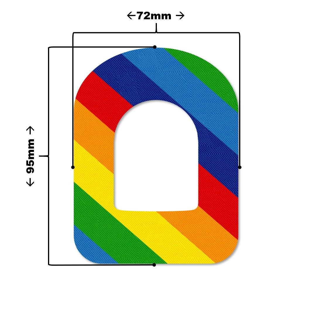 Cerotto a forma di U con motivo arcobaleno. Dimensioni: 95mm x 72mm. Colori: rosso, arancione, giallo, verde, blu. Materiale: tessuto.