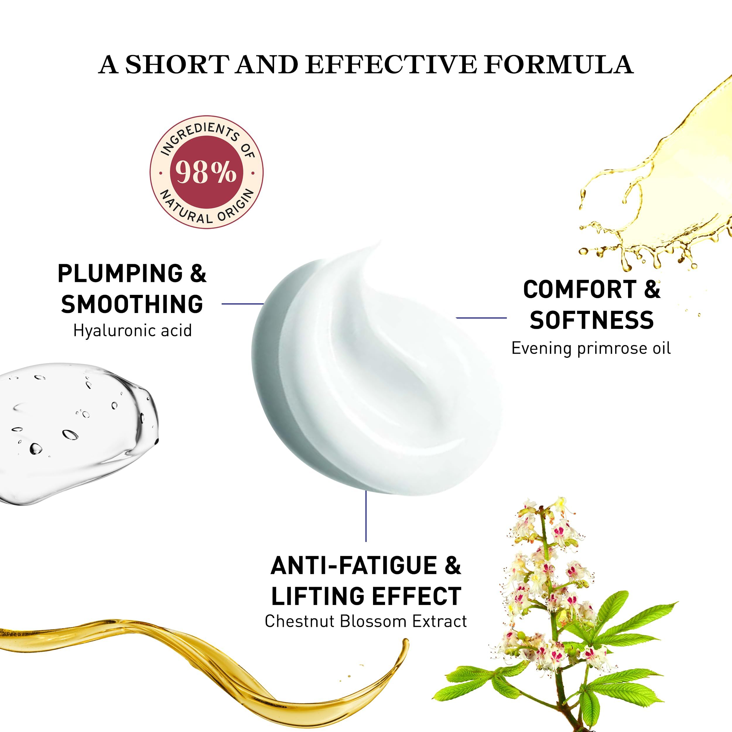 Primo piano crema e ingredienti. Testo: 98% origine naturale. Acido ialuronico, olio di enotera, estratto di ippocastano.
