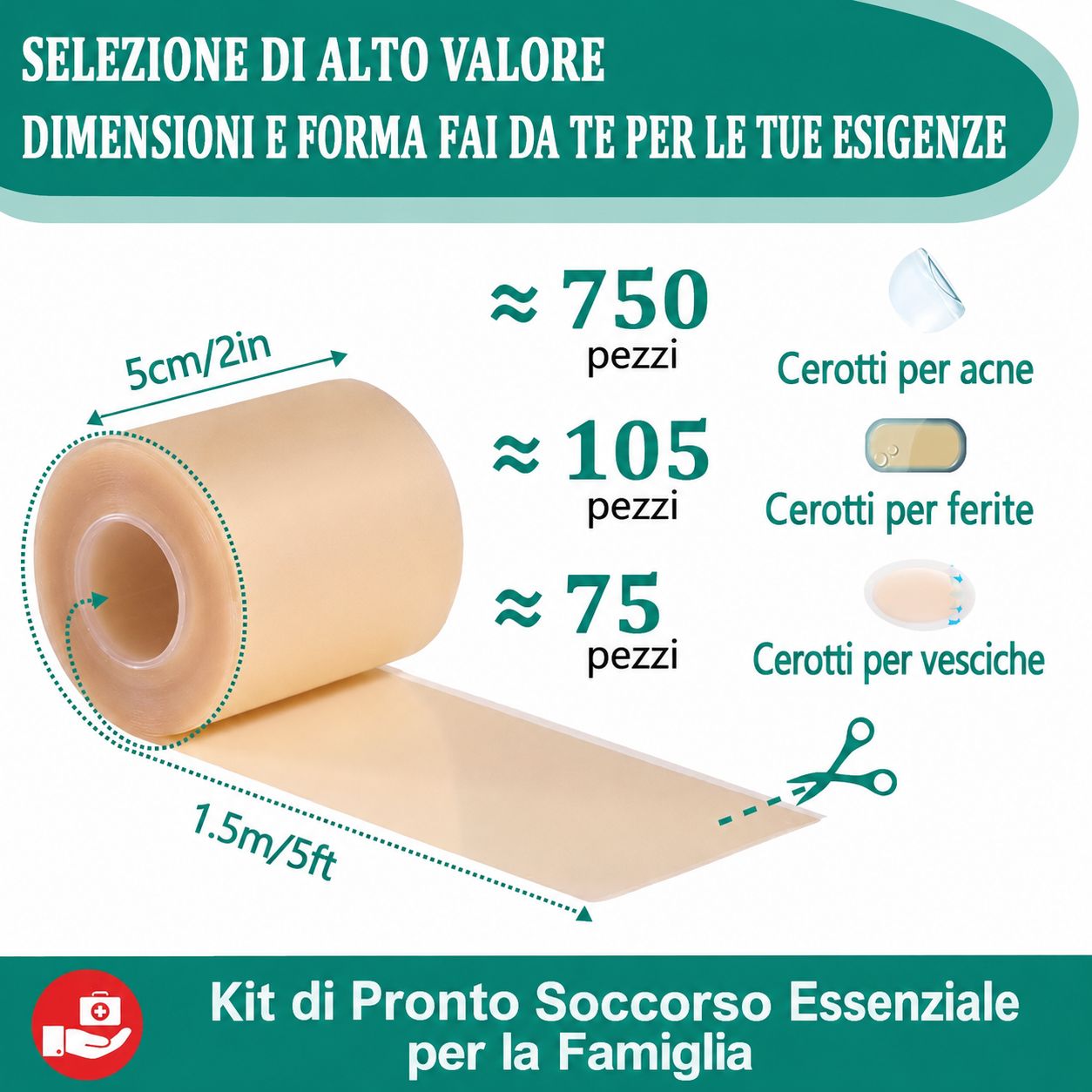 Rotolo di cerotti. Contiene circa 750 cerotti, 105 cerotti per ferite e 75 cerotti per vesciche. Dimensioni e forma fai da te.