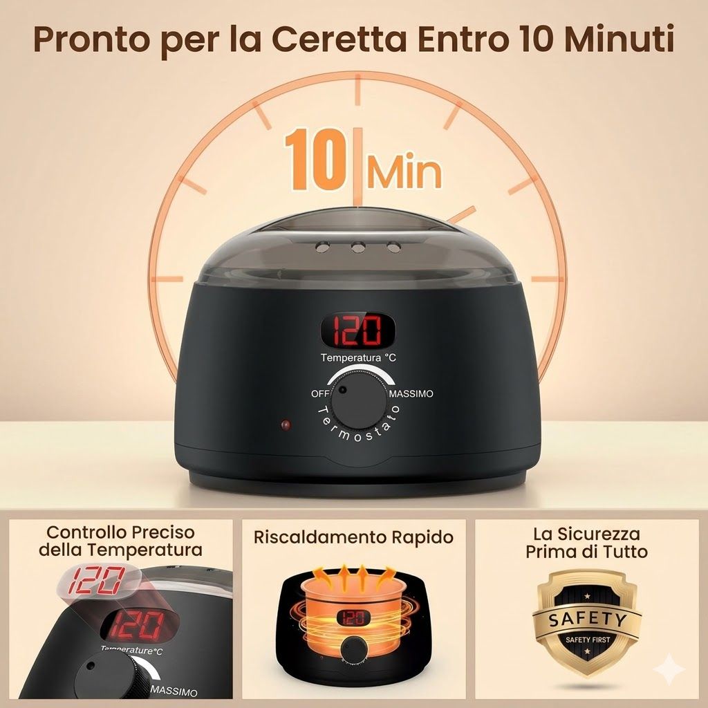 Scaldacera nero con display digitale della temperatura. Mostra 120°C. Manopola termostato. Testo: Pronto per la Ceretta Entro 10 Minuti.