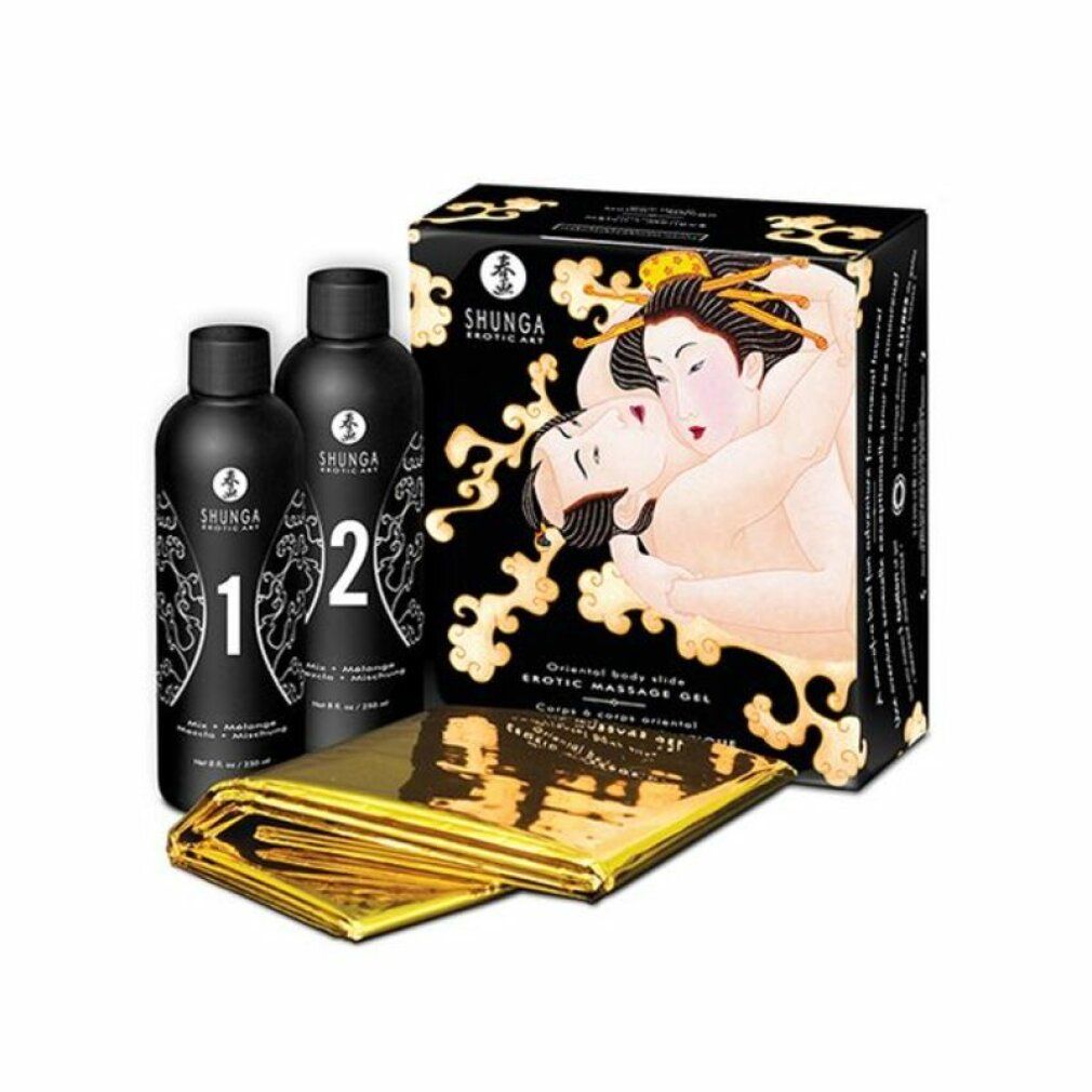 Set di prodotti con due flaconi, foglio dorato e scatola. Marchio: Shunga. Scritta: Oriental body slide erotic massage gel.
