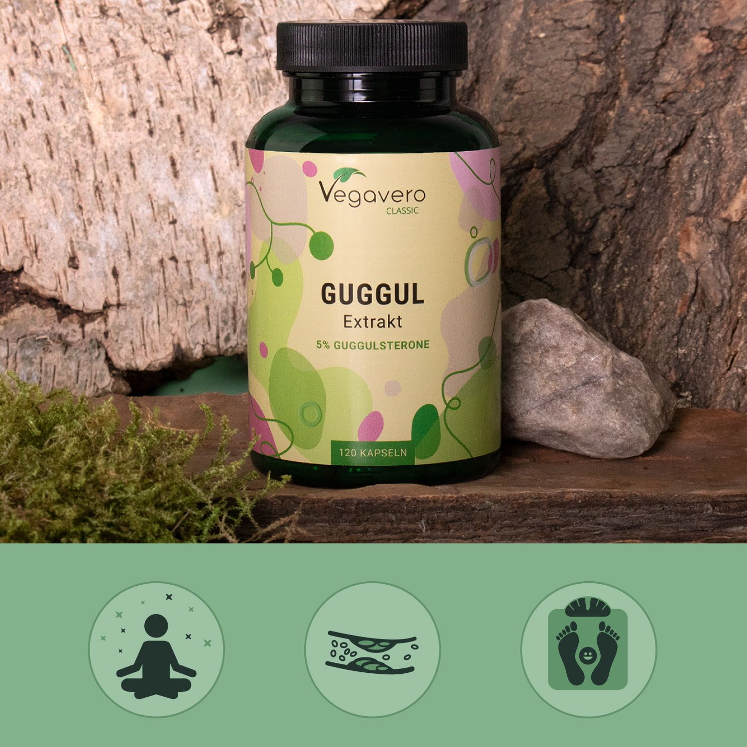 Flacone VEGAVERO Guggul su legno. Sfondo: muschio e pietra. Simboli: meditazione, foglie, bilancia.