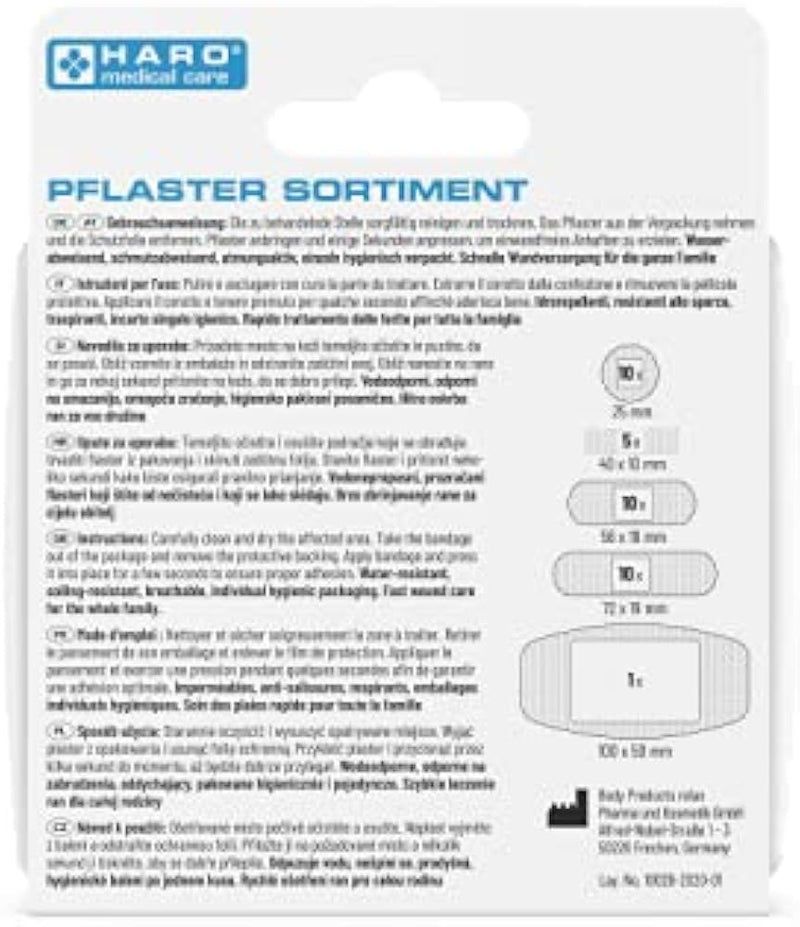 Retro della confezione Haro Pflaster-Sortiment. Informazioni sul prodotto, dimensioni e pittogrammi. Testo multilingue.
