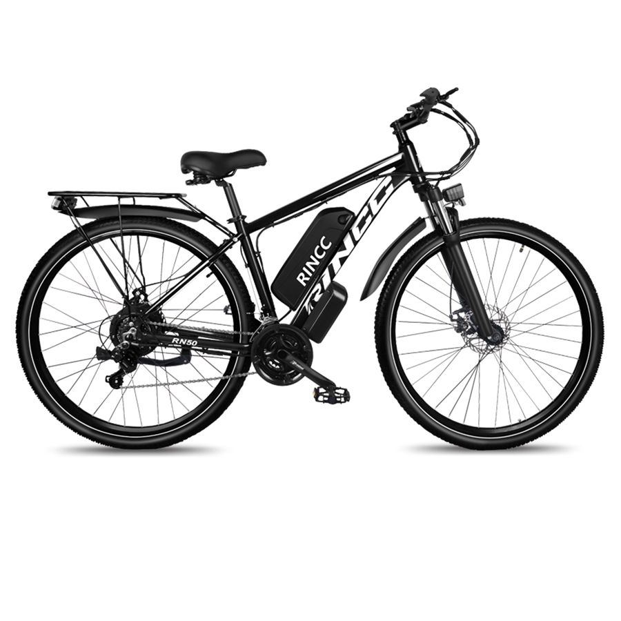 E-bike Rincc R200 nero con portapacchi e parafanghi. Batteria sul telaio. Logo Rincc visibile.