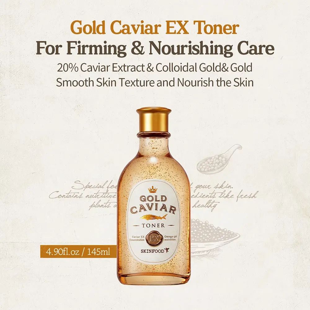 Toner Gold Caviar EX. Bottiglia con liquido dorato. Testo: 20% estratto di caviale, oro colloidale. Logo e nome del prodotto.