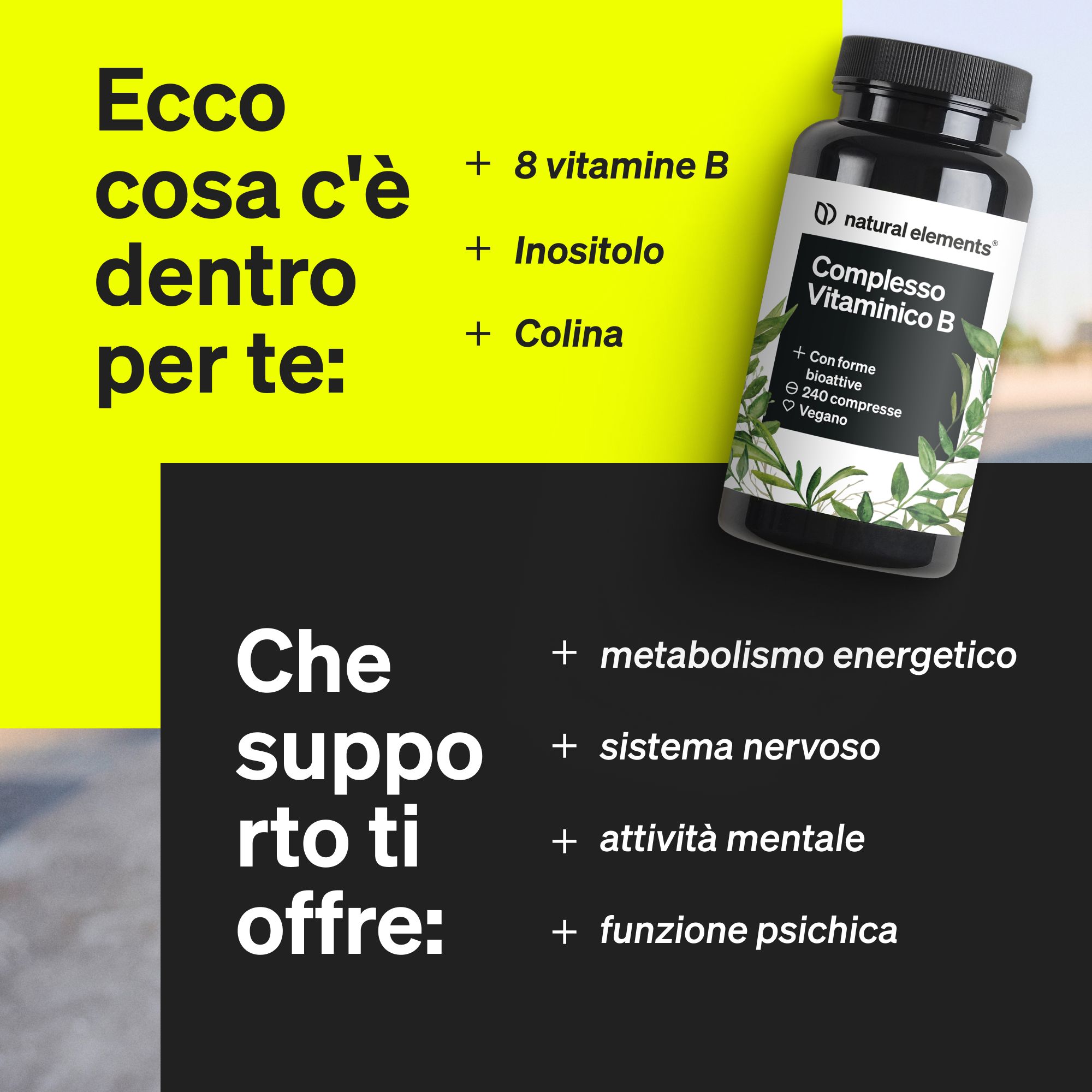 Una bottiglia di Complesso Vitaminico B di Natural Elements.