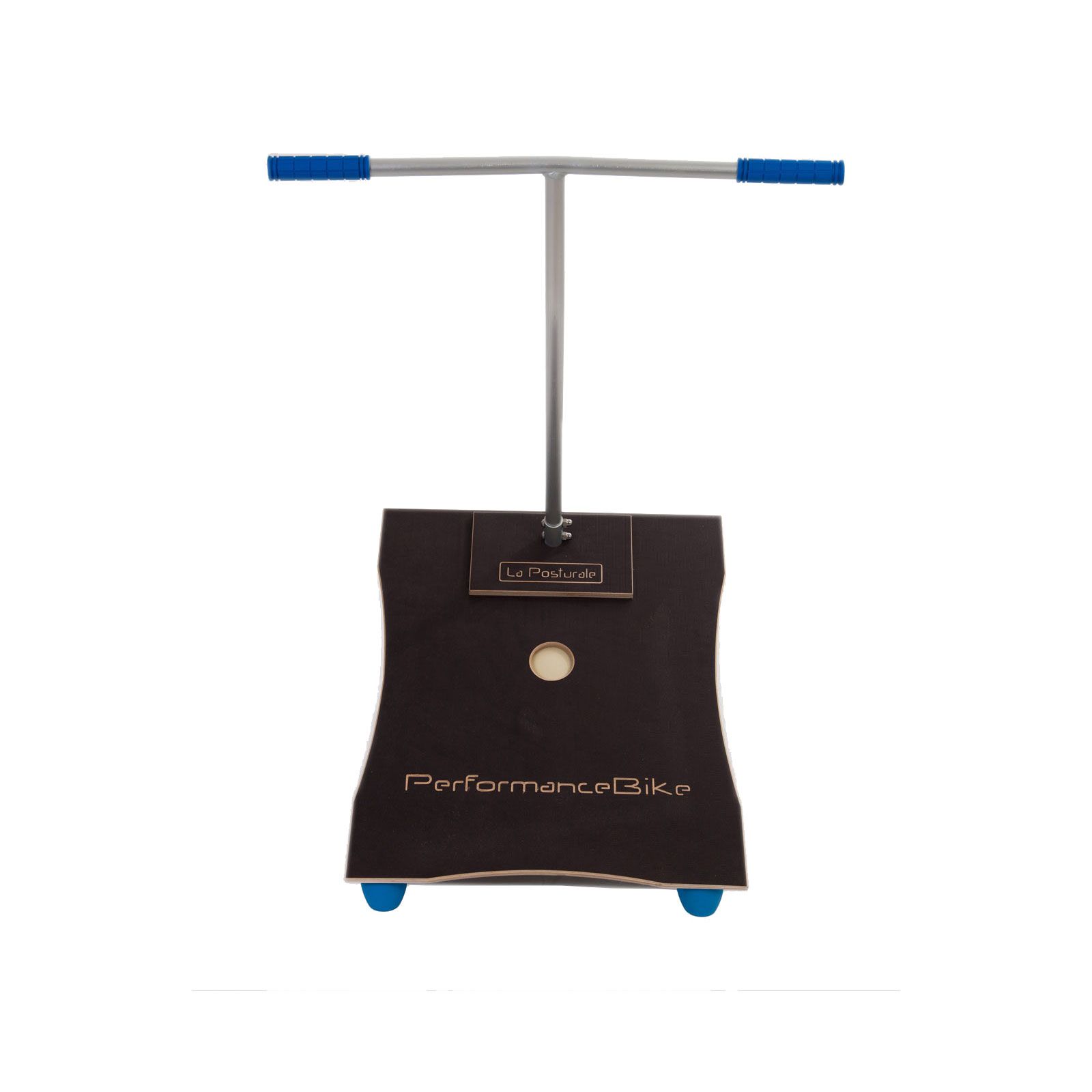 La Posturale Performancebike. Tavola in legno con maniglia e ruote blu. Scritta: Performancebike.
