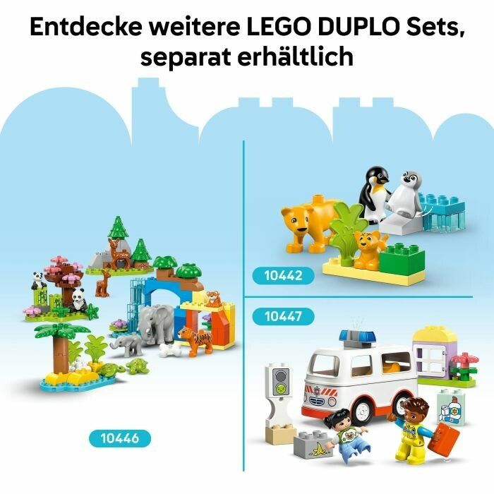Set LEGO DUPLO. Set 10446, 10442, 10447. Animali, personaggi, edifici. Blu, giallo, verde, bianco. Plastica. Per bambini.