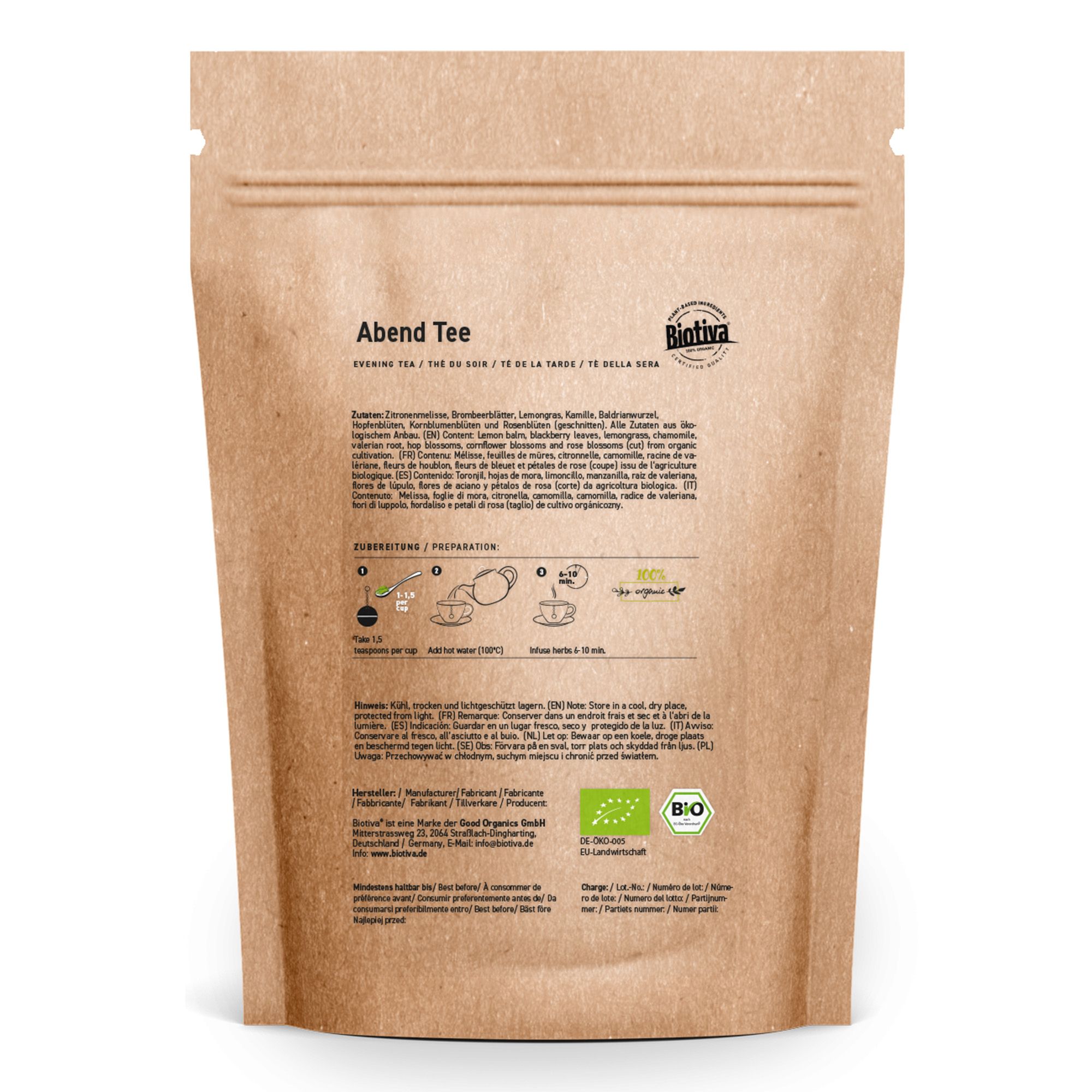 Retro della busta marrone. Testo: Abend Tee, ingredienti, preparazione, sigillo biologico.