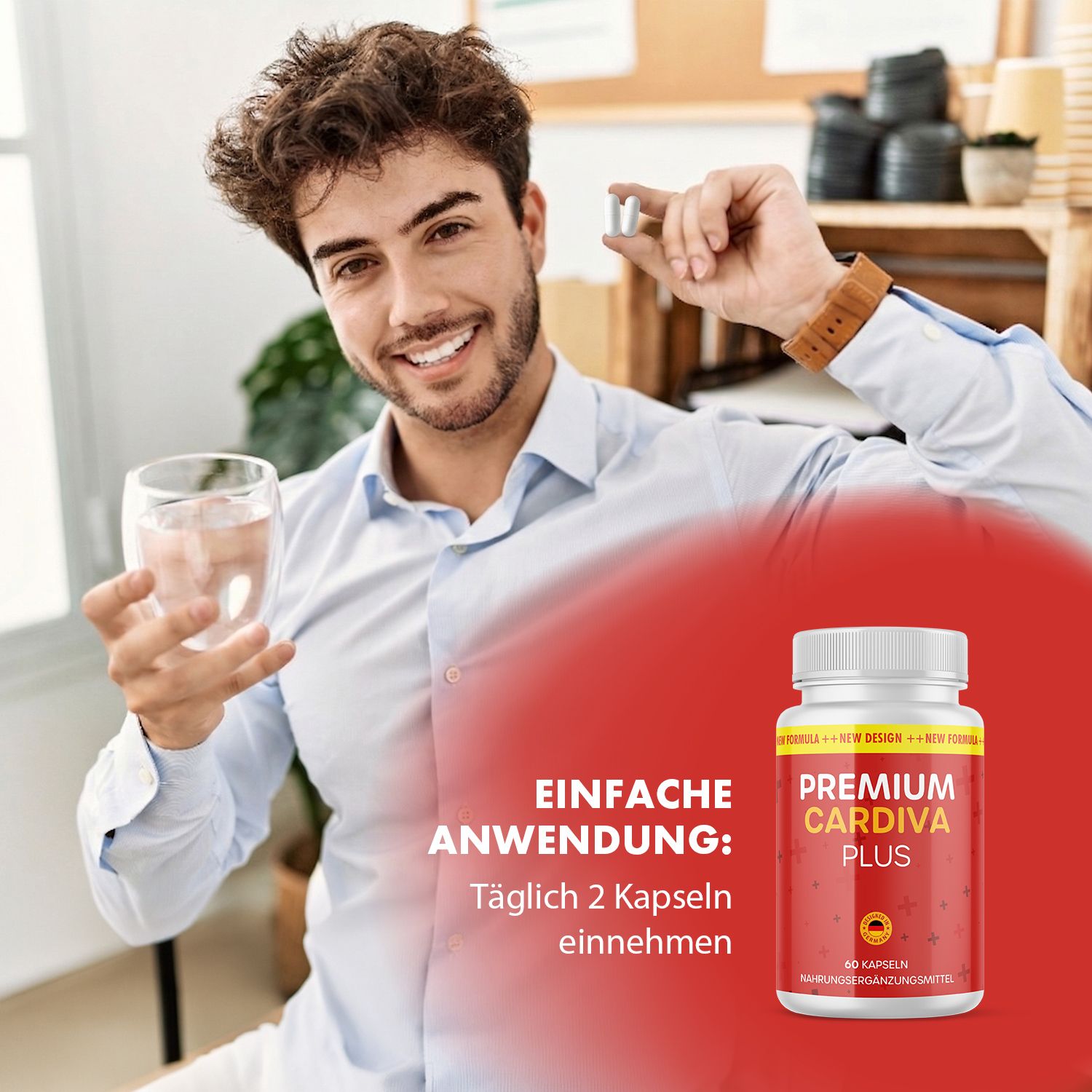 Uomo tiene capsula e bicchiere d'acqua. Flacone con etichetta rossa: PREMIUM CARDIVA PLUS. Testo: USO SEMPLICE: Assumere 2 capsule al giorno.