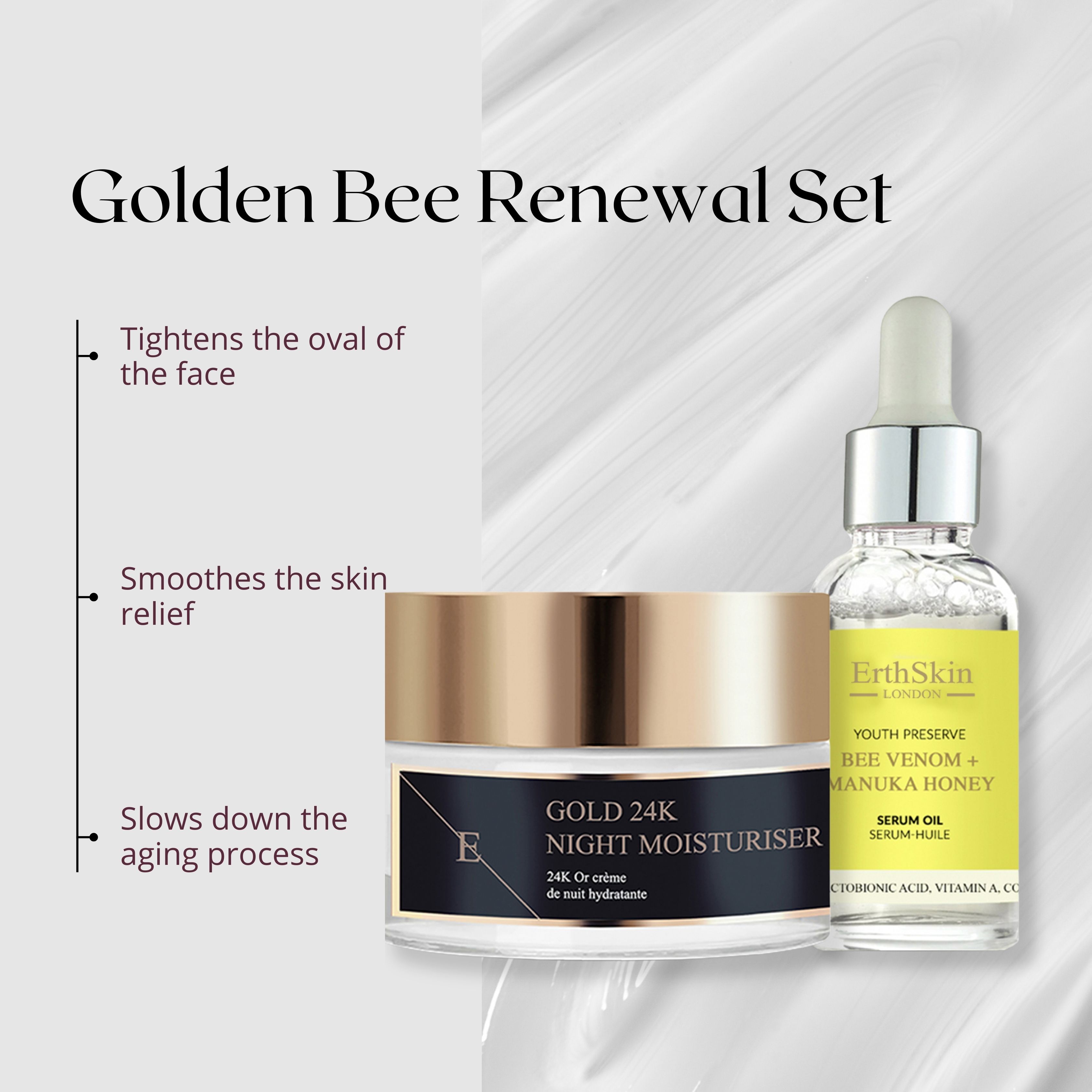 Set siero e crema. Flacone di siero con pipetta, etichetta gialla. Vasetto di crema con coperchio dorato. Testo: Gold 24K Night Moisturiser. Sfondo con testo.